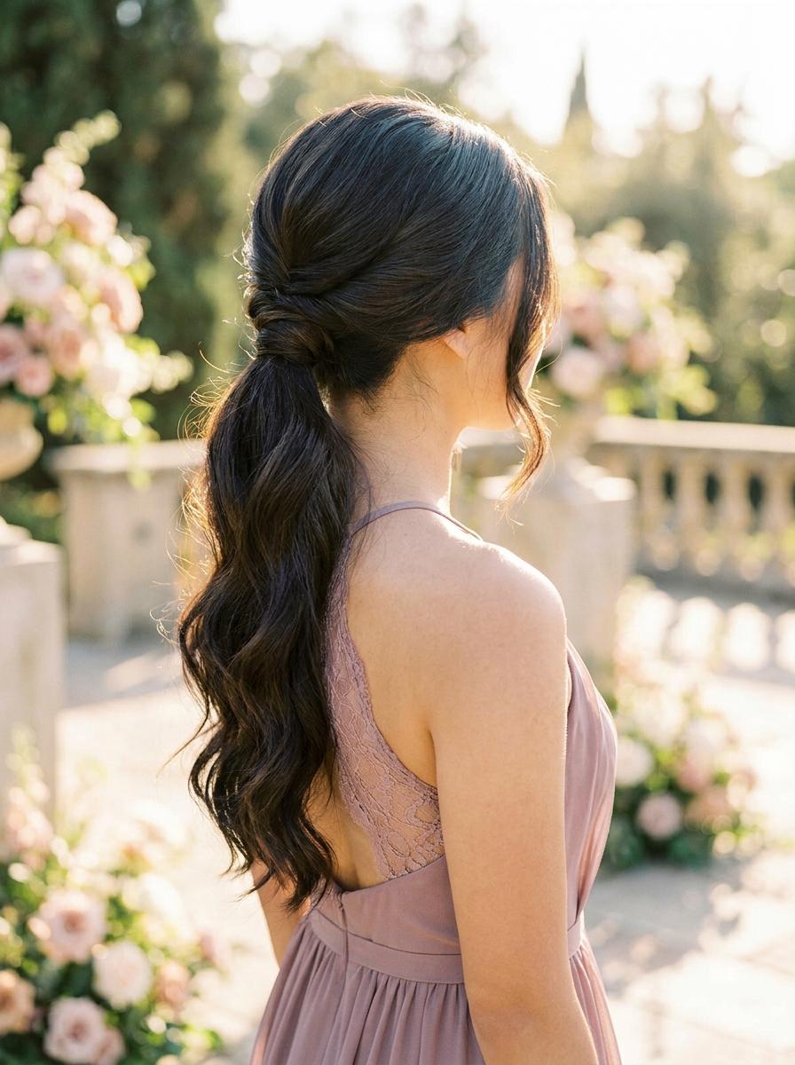 Tiefer Pferdeschwanz mit Wellen - elegante Brautjungfernfrisur